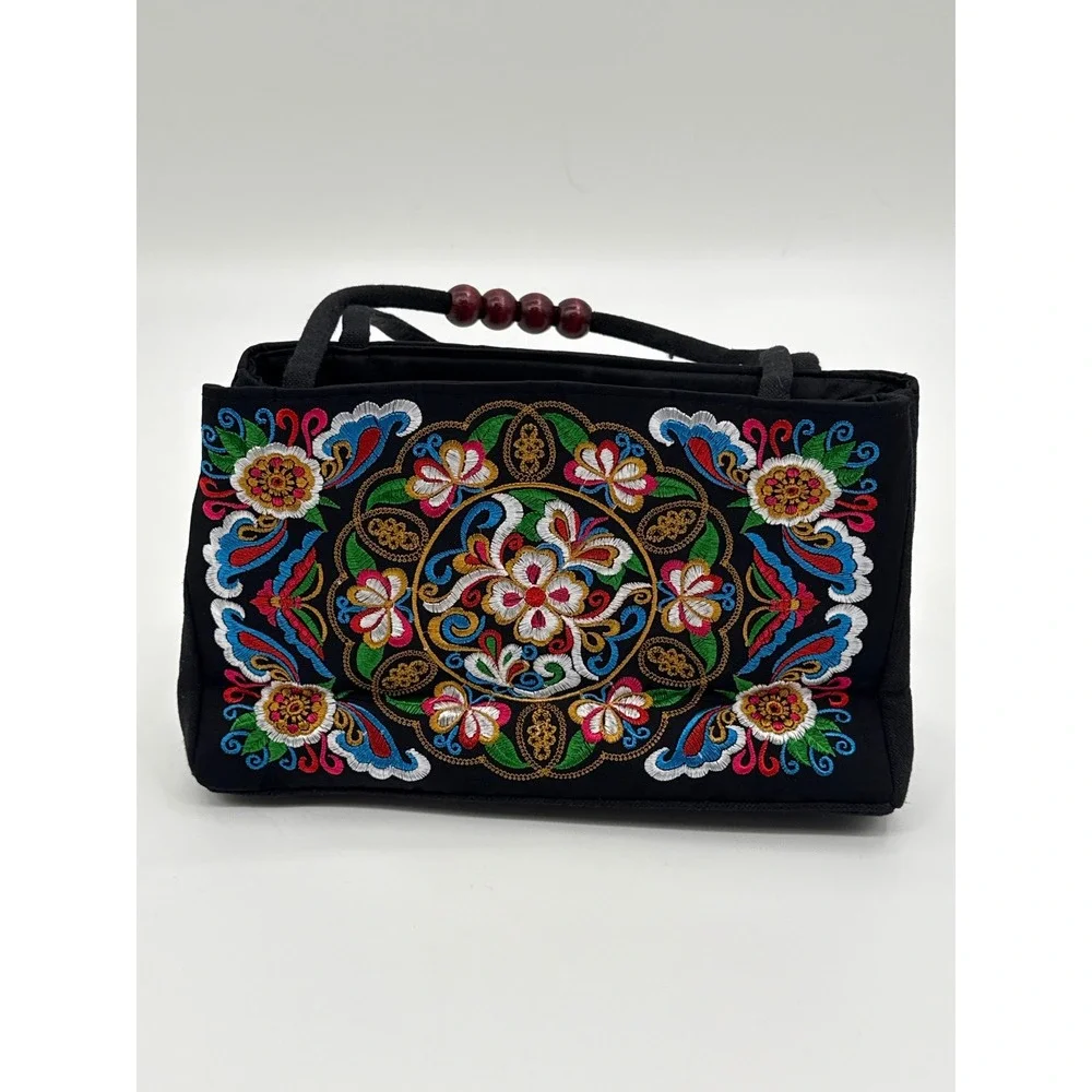 Boho Embroidered Floral Canvas Handbag Black with Wood Bead Handles